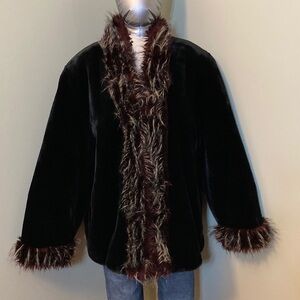 Black Faux Fur Jacket with Burgundy Trim